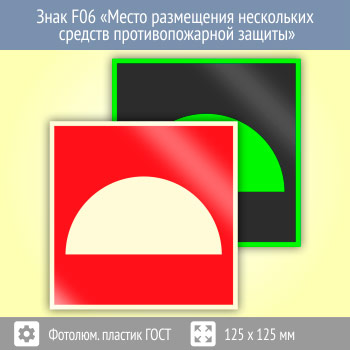 Знак F06 «Место размещения нескольких средств противопожарной защиты» (фотолюминесцентный пластик ГОСТ 34428-2018, 125х125 мм)